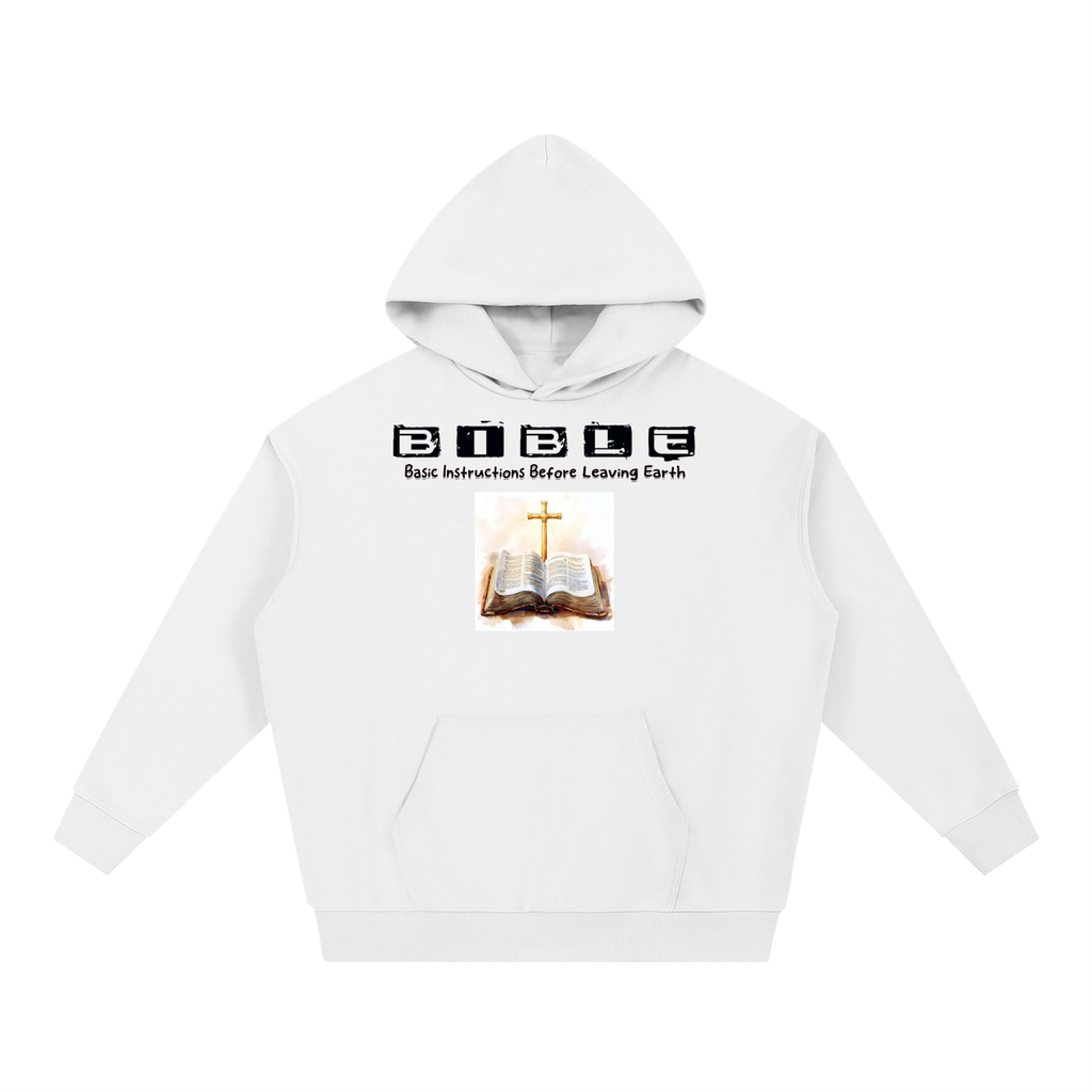 white & black Heavyweight Hoodie w/ BIBLE acronym basic instructions before leaving Earth