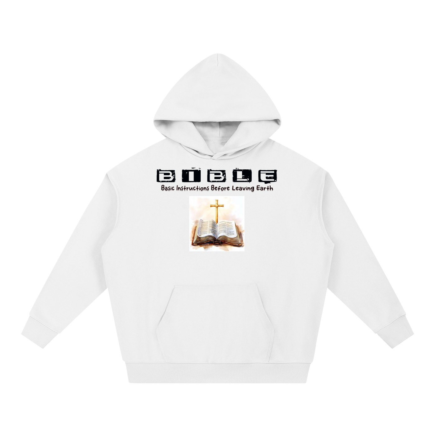 white & black Heavyweight Hoodie w/ BIBLE acronym basic instructions before leaving Earth